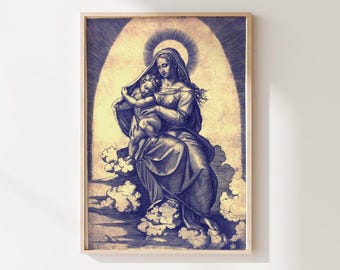 Katholische Jungfrau mit Kind Kunstdruck - Vintage Gravur (Digitale Datei) *Keine A.I.*