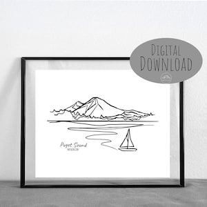 Puget Sound, Washington Seattle Line Art || DIGITAL DOWNLOAD || Printable