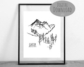 Glacier National Park Montana Continuous Line Wall Art Coloring Page || DIGITAL DOWNLOAD || Printable