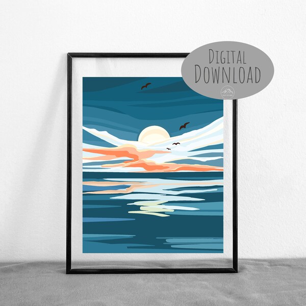 Ocean Sunrise Seaside Waves Sunset Funky Colorful Landscape Digital Art Poster|| DIGITAL DOWNLOAD || Printable