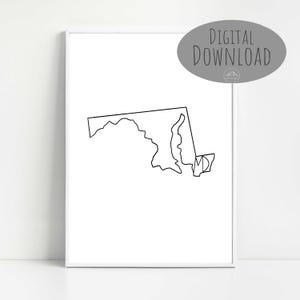 May include: A black and white line drawing of the state of Maryland with the abbreviation "MD" inside the state outline.