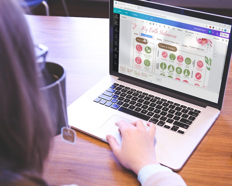 May include: A person using a laptop computer to plan their birth preferences. The screen shows a digital birth plan with icons and text. The text on the screen reads "My Birth Preferences".