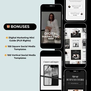 Puede incluir: Una imagen promocional que muestra recursos de marketing digital. La imagen presenta varios tel&eacute;fonos inteligentes que muestran contenido relacionado con el marketing digital, incluida una mini gu&iacute;a, plantillas de redes sociales y una inscripci&oacute;n a un curso de negocios.