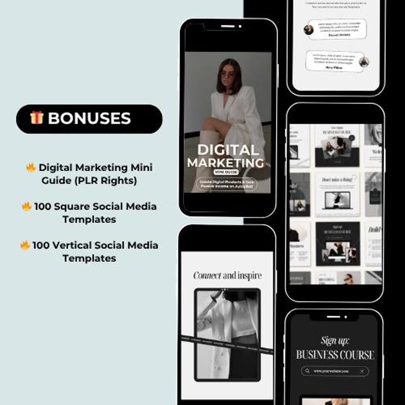 Puede incluir: Una imagen promocional que muestra recursos de marketing digital. La imagen presenta varios tel&eacute;fonos inteligentes que muestran contenido relacionado con el marketing digital, incluida una mini gu&iacute;a, plantillas de redes sociales y una inscripci&oacute;n a un curso de negocios.