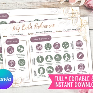 Visual Birth Plan/ Natural Birth Plan/ Birth Preference/ Birth Plan Template/ Editable / Printable/ Custom Birth Plan/ Doula/ Canva Template