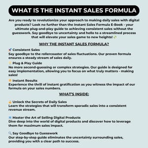 Puede incluir: Gr&aacute;fico informativo titulado "WHAT IS THE INSTANT SALES FORMULA". El texto describe un libro electr&oacute;nico para la venta de productos digitales, prometiendo ventas consistentes y resultados instant&aacute;neos. Destaca los beneficios clave y el contenido.
