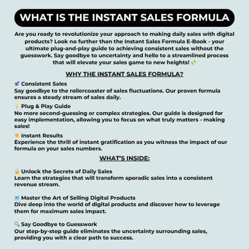 Puede incluir: Gr&aacute;fico informativo titulado "WHAT IS THE INSTANT SALES FORMULA". El texto describe un libro electr&oacute;nico para la venta de productos digitales, prometiendo ventas consistentes y resultados instant&aacute;neos. Destaca los beneficios clave y el contenido.