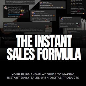 Puede incluir: Gr&aacute;fico en blanco y negro con el texto "THE INSTANT SALES FORMULA" en letras blancas grandes. Debajo, un texto m&aacute;s peque&ntilde;o dice "YOUR PLUG-AND-PLAY GUIDE TO MAKING INSTANT DAILY SALES WITH DIGITAL PRODUCTS."
