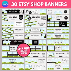 Könnte beinhalten: Dreißig Etsy-Shop-Banner mit einem grünen und blauen Landschaftsdesign. Die Banner enthalten Text, der "Shop Name", "Shop Description" und "In Canva bearbeiten + Sofortiger Zugriff!" lautet.