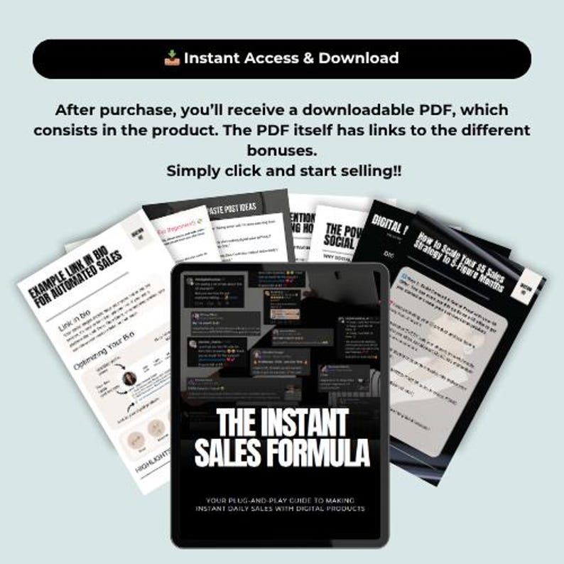 Puede incluir: Una gu&iacute;a de marketing digital titulada "The Instant Sales Formula" en una tableta, rodeada de gu&iacute;as impresas. La imagen incluye texto: "Instant Access & Download" y "Your plug-and-play guide to making instant daily sales with digital products."