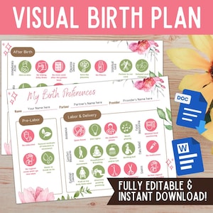 Visuell förlossningsplan/ Naturlig förlossningsplan/ Födelsepreferens/ Mall för förlossningsplan/ Redigerbar förlossningsplan/ Utskrivbar/ Anpassad förlossningsplan/ Doula