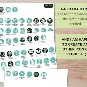 May include: A printable sheet of 64 green and white icons for a birth plan. The icons depict various birth plan preferences, including labor and delivery, pre-labor, after birth, and C-section. The text "64 EXTRA ICONS" and "These can be added to the birth plan as needed." is at the top of the sheet. The text "AND I AM HAPPY TO CREATE ANY OTHER ICON ON REQUEST :)" is at the bottom of the sheet.