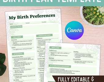 Birth Plan Template | Birth Preference | Natural Birth | Editable | Printable | Custom Birth Plan | Hospital Birth Plan | Doula | Canva