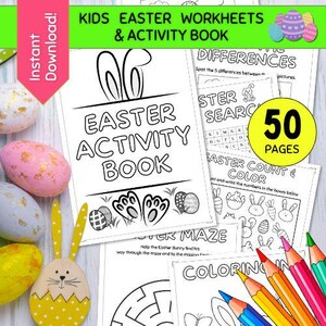 Peut inclure: Un cahier d'activités sur le thème de Pâques pour enfants avec le texte "KIDS EASTER WORKSHEETS & ACTIVITY BOOK" et "EASTER ACTIVITY BOOK". L'image comprend des crayons de couleur, des œufs de Pâques et une décoration de lapin jaune. Le livre contient 50 pages.