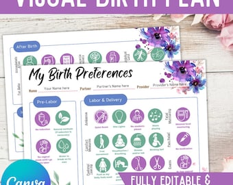 Visual Birth Plan/ Natural Birth Plan/ Birth Preference/ Birth Plan Template/ Editable / Printable/ Custom Birth Plan/ Doula/ Canva Template