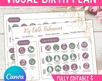 Visual Birth Plan/ Natural Birth Plan/ Birth Preference/ Birth Plan Template/ Editable / Printable/ Custom Birth Plan/ Doula/ Canva Template