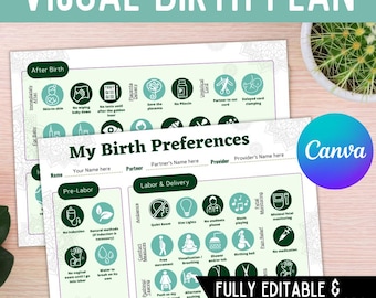 Visuell förlossningsplan/ Naturlig förlossningsplan/ Födelsepreferens/ Mall för förlossningsplan/ Redigerbar/ Utskrivbar/ Anpassad förlossningsplan/ Doula/ Canva-mall