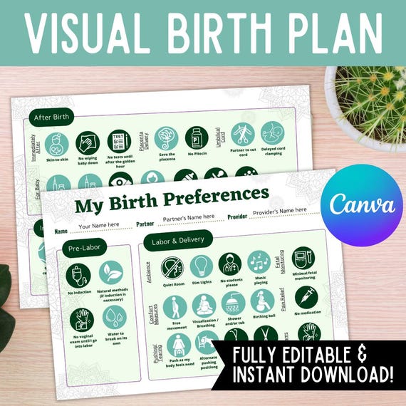 Visual Birth Plan/ Natural Birth Plan/ Birth Preference/ Birth Plan Template/ Editable / Printable/ Custom Birth Plan/ Doula/ Canva Template