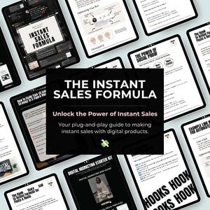 Puede incluir: Tabletas que muestran contenido de marketing digital. La tableta central presenta el t&iacute;tulo "THE INSTANT SALES FORMULA" con el lema "Unlock the Power of Instant Sales". Las tabletas circundantes muestran estrategias y gu&iacute;as de marketing.
