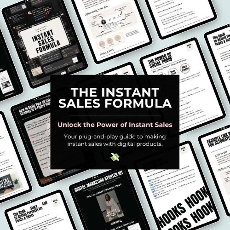 Puede incluir: Tabletas que muestran contenido de marketing digital. La tableta central presenta el t&iacute;tulo "THE INSTANT SALES FORMULA" con el lema "Unlock the Power of Instant Sales". Las tabletas circundantes muestran estrategias y gu&iacute;as de marketing.
