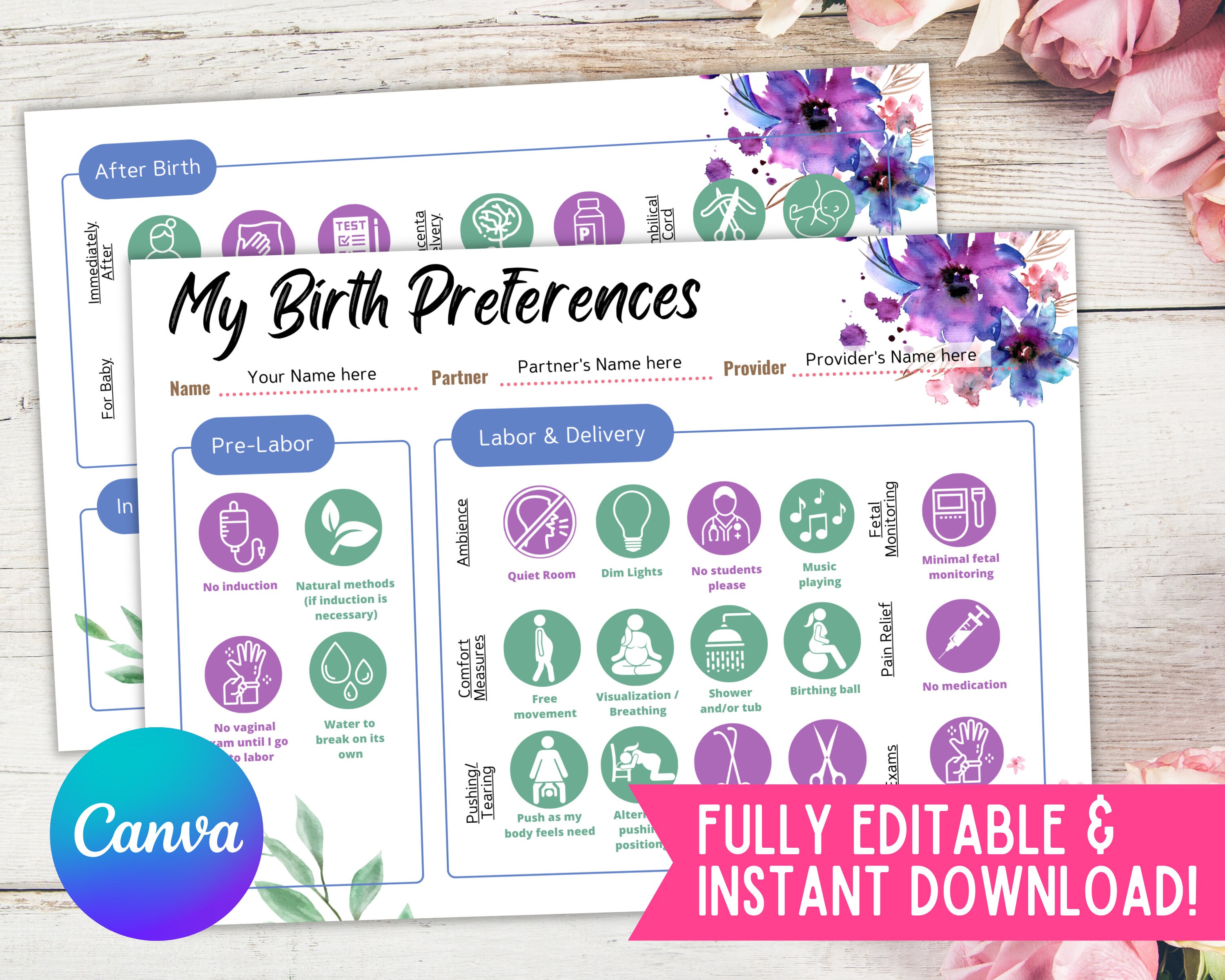Visual Birth Plan/ Natural Birth Plan/ Birth Preference/ Birth Plan ...