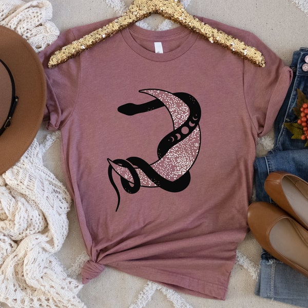 Snake and Moon, Spiritual Shirt, Celetial Snake Shirt, Moon Shirt, Black Snake T-shirt, Boho Clothing Gift, Snake Lover T-Shirt