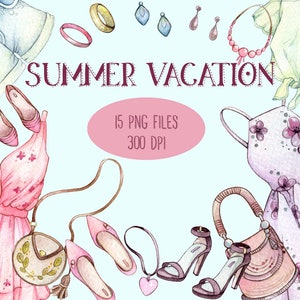 Summer vacation, watercolor clipart, Summer clothes, Fashion, PNG.