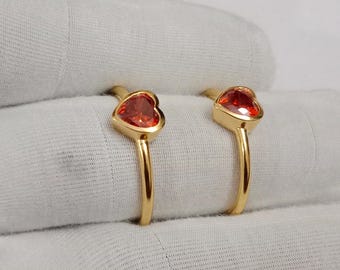 Orange Sapphire Heart Ring: Dainty Silver Adjustable Band