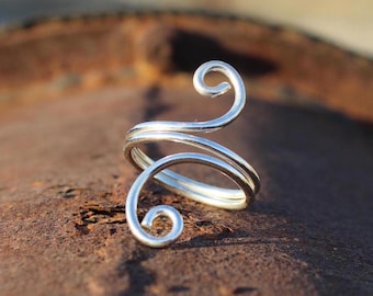 Adjustable Sterling Silver Swirl Ring: Handmade Wire-Wrapped Boho Jewelry
