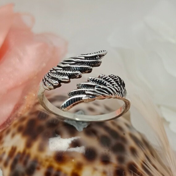 Angel Wings Feather Silver Ring, Handmade 925 Jewelry for Men