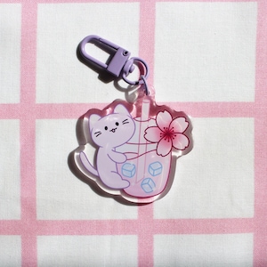 Cat Sakura Drink Acrylic Charm, Cute cat keychain