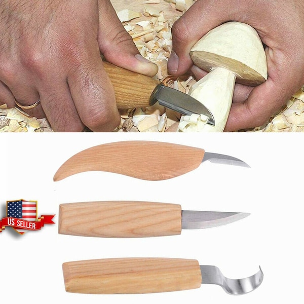 Premium 3 pieces Wood Carving Knife Cutter Whittling Hook Kit Quality Made, Precision Hardened Tempered Steel. FREE SHIPPING!