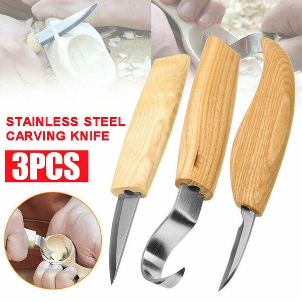 Premium 3 pieces Wood Carving Knife Cutter Whittling Hook Kit Quality Made, Precision Hardened Tempered Steel. FREE SHIPPING!