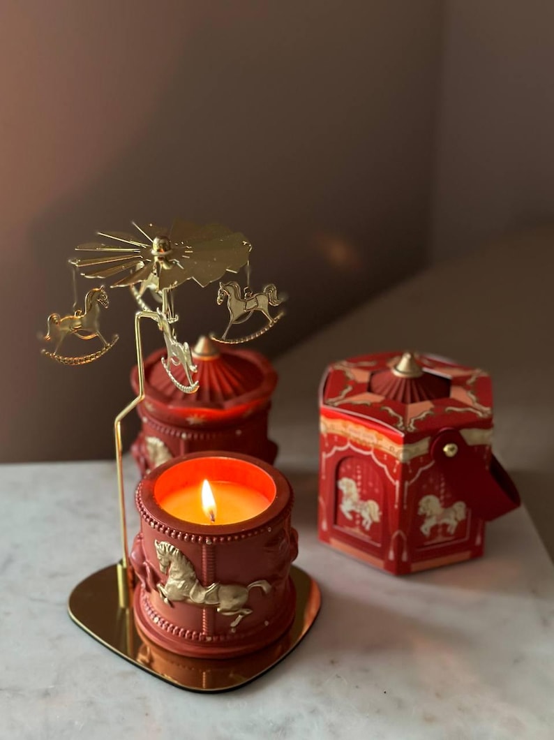 Red Handcrafted Container Candle With Gold Carousel | Horse Carousel ...