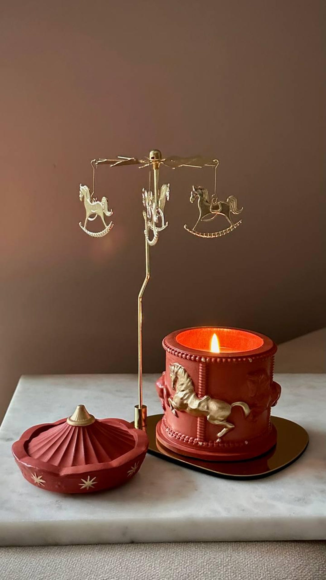 Red Handcrafted Container Candle With Gold Carousel | Horse Carousel ...