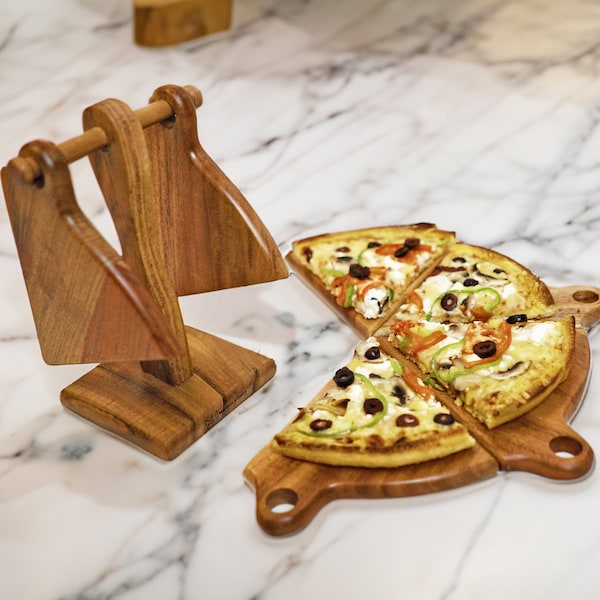 Pizza Board Set with Stand - A Unique Pizza Serving Tray Set - 6 Hand Carved Acacia Wood Boards with a Stylish Stand