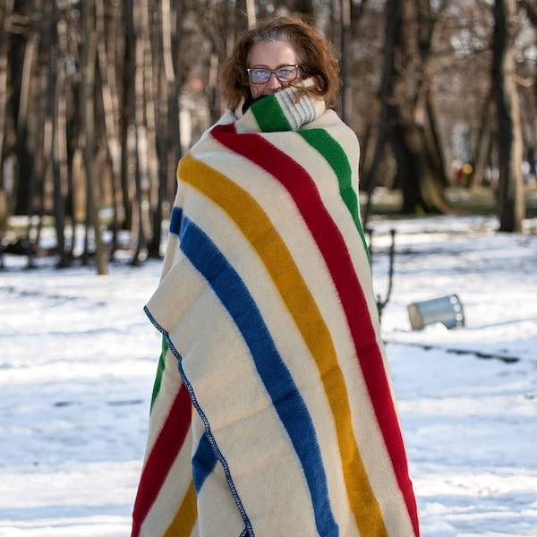 Hudson’s Bay Blanket, Point Blanket, Replica, Warm Thick Heavy Winter Stripes Blanket Native Wool Blanket Throw, Canada Striped Wool Blanket