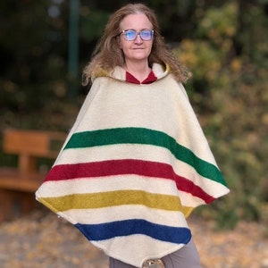 Multistripe Wool Poncho Hudson Bay wool beautiful blanket poncho cape with hood warm soft hooded poncho cape hooded camp poncho pure wool