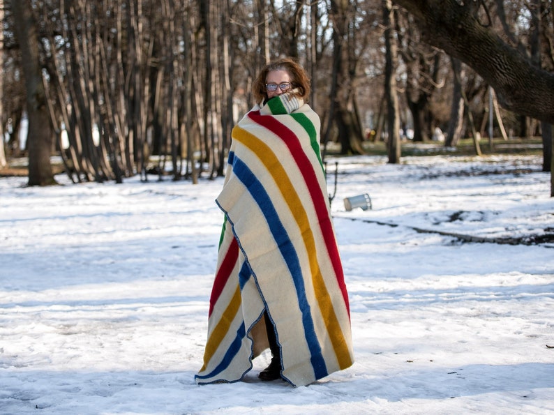 Hudsons Bay Blanket, Point Blanket, Replica, Warm Thick Heavy Winter Stripes Blanket Native Wool Blanket Throw, Canada Striped Wool Blanket image 1