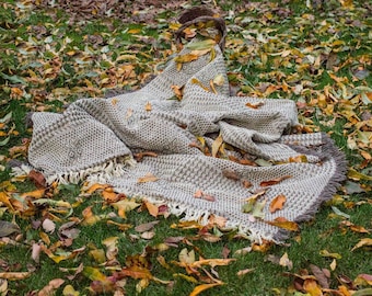 Manta de lana virgen tejida a mano: Manta a cuadros orgánica tamaño Queen