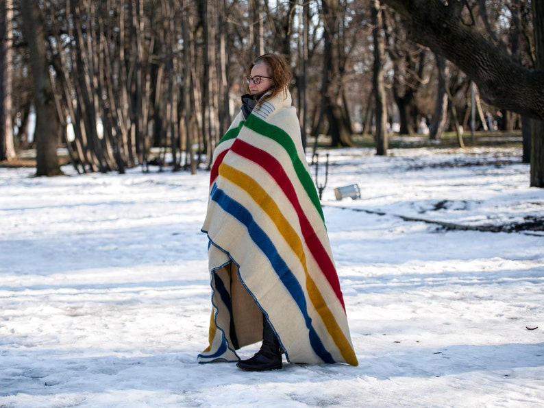 Hudsons Bay Blanket, Point Blanket, Replica, Warm Thick Heavy Winter Stripes Blanket Native Wool Blanket Throw, Canada Striped Wool Blanket image 2