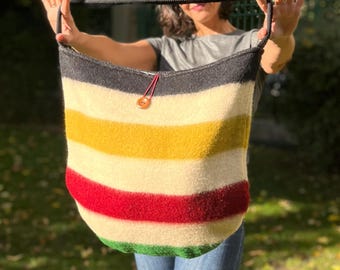 Handcrafted Wool Tote Bag, Upcycled Multi Stripe Shopper, Boho Style
