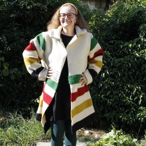 Abrigo estilo Hudson Bay, abrigo de lana, abrigo tipo manta, abrigo de lana envolvente para mujer, abrigo holgado, abrigo largo de rayas cálidas, abrigo capote, abrigo envolvente de lana