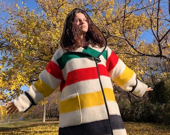 Handwoven Wool Blanket Swing Coat: Striped Capote, Hooded Outerwear
