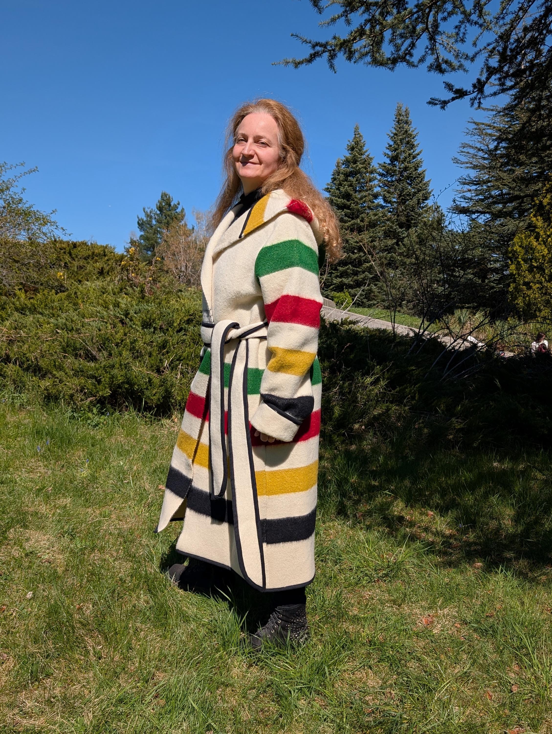 Winta Wool Blanket Coat: Hooded Capote Overcoat, Long Striped Coat