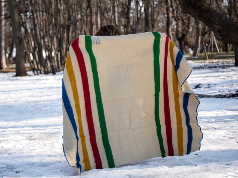 Hudsons Bay Blanket, Point Blanket, Replica, Warm Thick Heavy Winter Stripes Blanket Native Wool Blanket Throw, Canada Striped Wool Blanket image 3