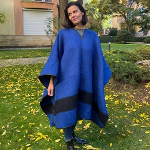 Wool Striped Poncho: Blue Blanket Cape