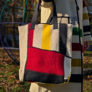 Upcycled Wool Blanket Tote Bag, Patchwork Geometric Design, Unisex Shopper Bag