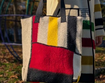 Upcycled Wool Blanket Tote Bag, Patchwork Geometric Design, Unisex Shopper Bag