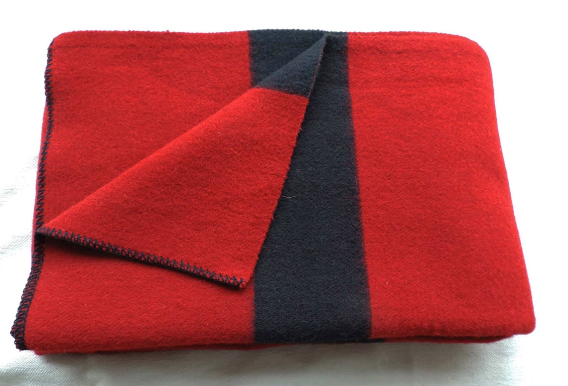 Red Hudsons Bay Heavy Wool Blanket, Point Blanket, Replica, Pioneer Stripes Blanket, Organic